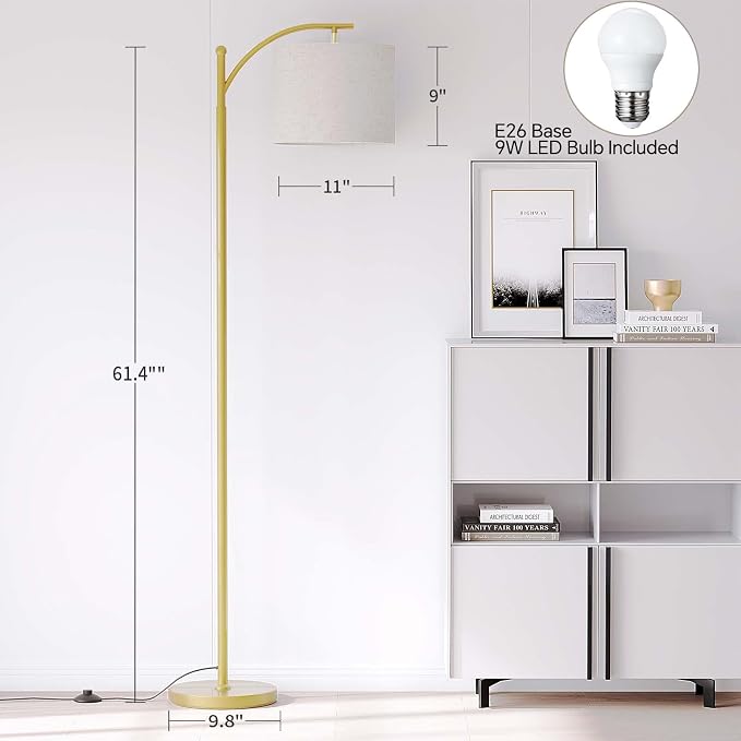 SUNMORY Arc Floor Lamp, Modern Floor Lamp with 9W 3 Color Temperatures Bulb | Metal Standing Lamps with Adjustable Hanging Lampshade,Tall Floor Lamps for Living Room,Bedroom, Gold