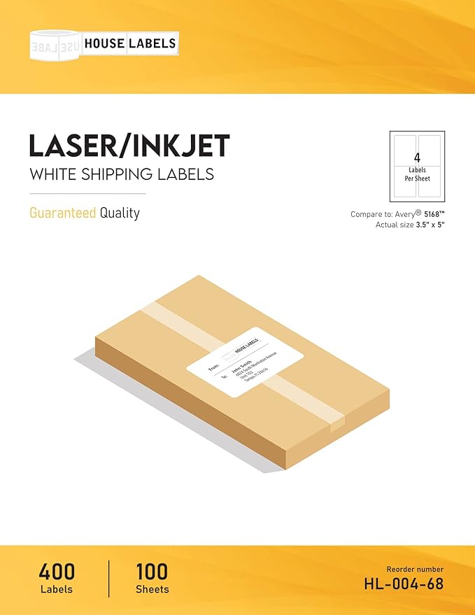 HOUSELABELS 4-up Shipping Labels (3-1/2" x 5") for Laser and Inkjet Printers, 100 Sheets