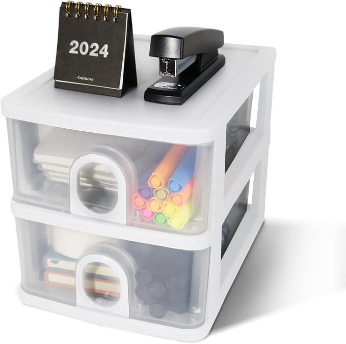 Desktop Storage Drawers Desk Organizer with Drawers, 2 Drawers Organizing Drawers Clear Small Plastic Storage Drawers for Crafts, Accessories, Stationeries, Office Supplies, Pens (1Pack)