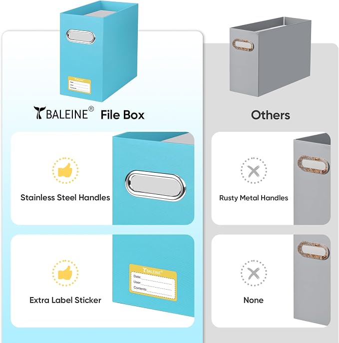 BALEINE 4PK File Organizer Box, Cardboard File Folder Organizer with Handle | Strong Corrugated Paper Core, Label Stickers for Identification, Hanging File Folder Organizer, Home Office Document Storage