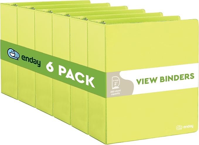 Enday 2 inch 3 Ring Binder (6 Pack - Green) Binder 2 inch with Clear View Cover and 2 Inside Pocket - for Letter Size 8.5 x 11'' Paper, Ideal for School Supplies, Office, and Home