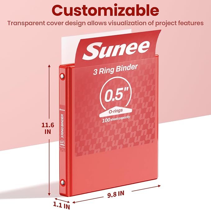SUNEE 1/2 Inch Binders 3 Ring 6 Pack, 3 Ring Binders Half Inch Clear View PVC-Free (Fit 8.5x11 Inches) for School Binder or Office Binder Supplies, Classic 6 Colors