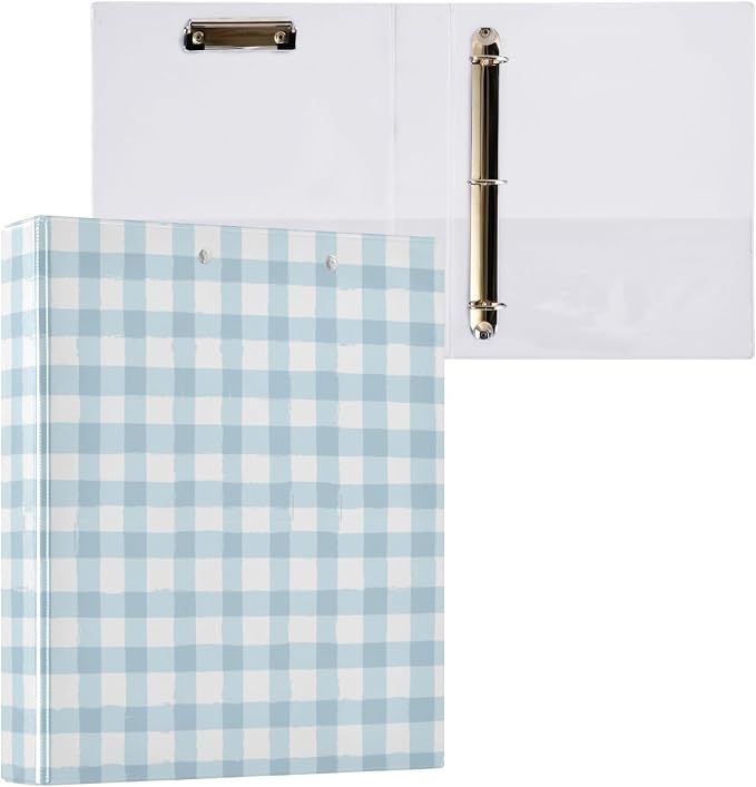 Blue Gingham Round Ring Binders 1.5 Inch 3 Ring Binder with Clipboard Holds 200 Sheets Office Home School