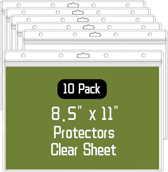 10 Pack 8.5" x 11" Waterproof Resealable Zip Sheet Protectors, Clear Plastic Sleeves for Documents Photos, Heavy Duty Hanging Wall Sign & Job Ticket Holders, Horizontal Page Protectors