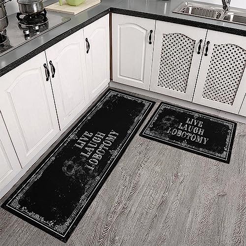 Goth Kitchen Mat Set of 2 - Non Slip Halloween Spooky Kitchen Rugs Black Goth Rug Skull Witchy Rug for Home Kitchen - Live Laugh Lobotomy Sign - Halloween Gothic Kitchen Decor Accessories