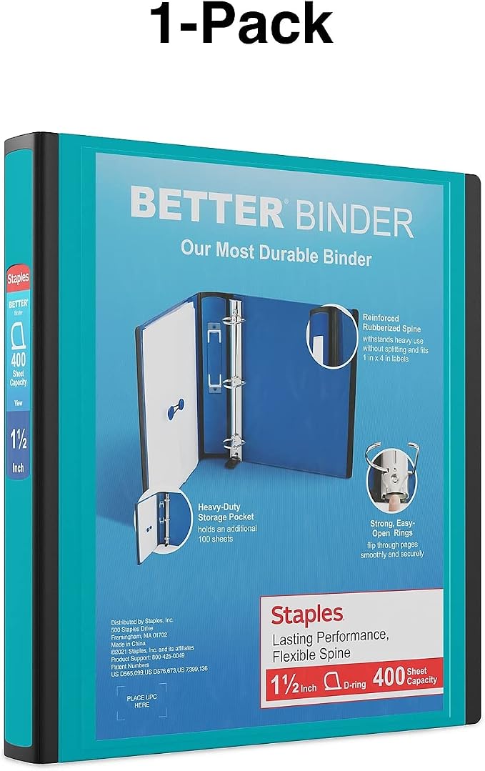Staples Better Binder, 1.5-Inch D-Ring View, Teal, Holds 350 Sheets | Reinforced spine for durable everyday use in office and school settings.