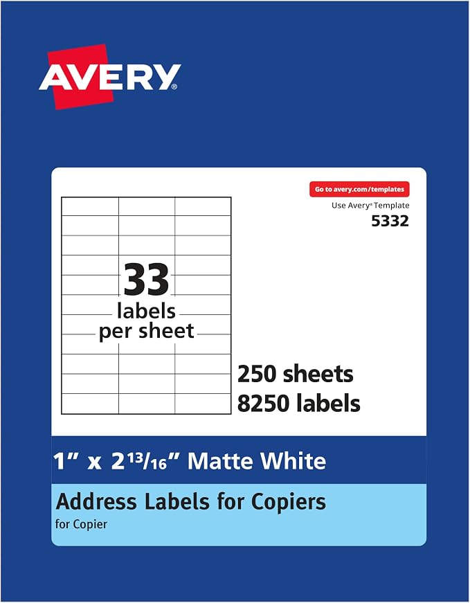Avery® Address Labels for Copiers, 1" x 2-13/16", 8,250 White Labels (5332)