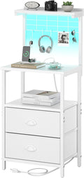 sthmec Tall Nightstands with Charging Station, LED Night Stand Bedsides with 2 PU Finish Fabric Drawers,Hooks,USB Port and Oepn Storage Shelves,Tall End Table Bedside for Bedroom,Office, White