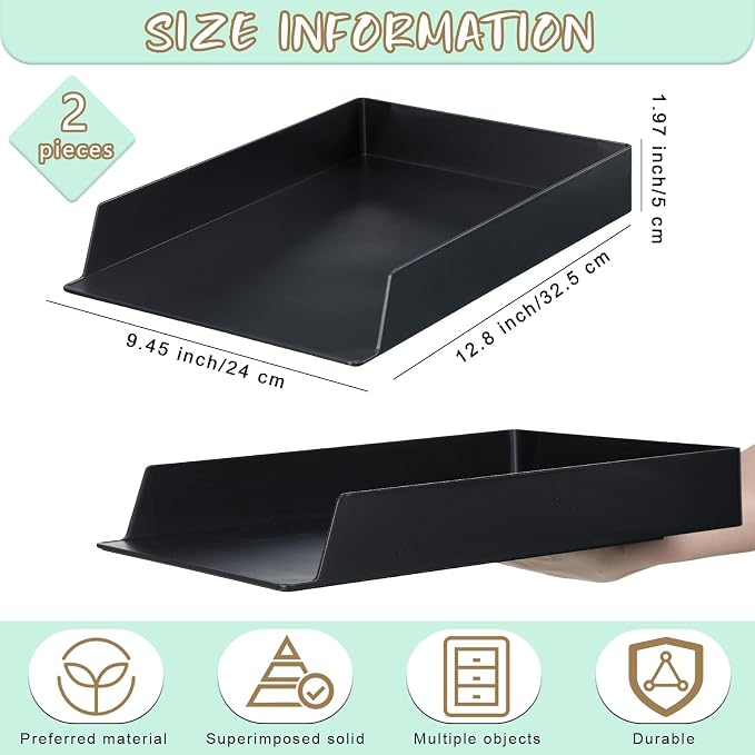 2 Pcs Stackable Paper Trays Rectangular Plastic Desk Holder Desktop Document File Organizer Storage Letter for Office Classroom (Black)