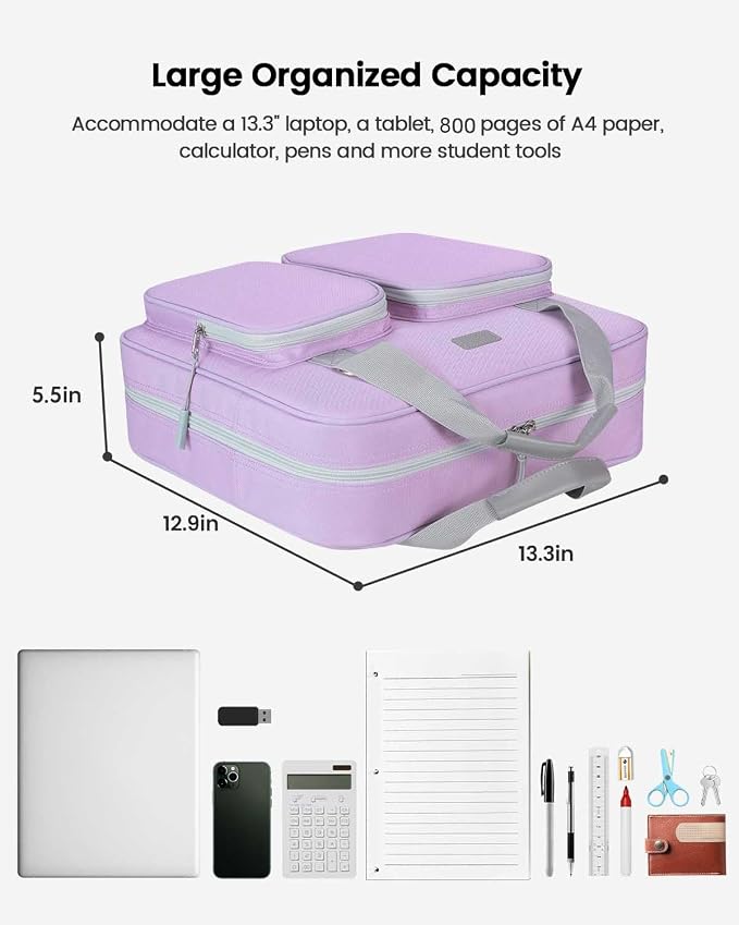 4 Inch Zipper Binder 3 Ring with Shoulder Strap,Tough/Multi-Pocket | Binder Bag with Laptop organizer for School Travel,Fit 13" MacBook & Tablet,800 Sheets Capacity,Water Resistant,Light Purple