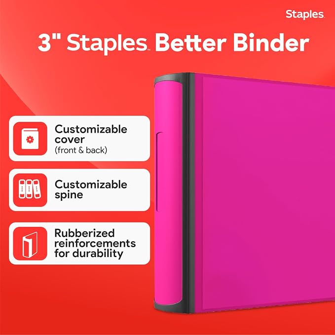 Staples Heavy-Duty 3-Inch D-Ring Binder, Pink – Large Capacity 3-Ring Binder, Holds Up to 600 Sheets for School & Office (Pack of 2)