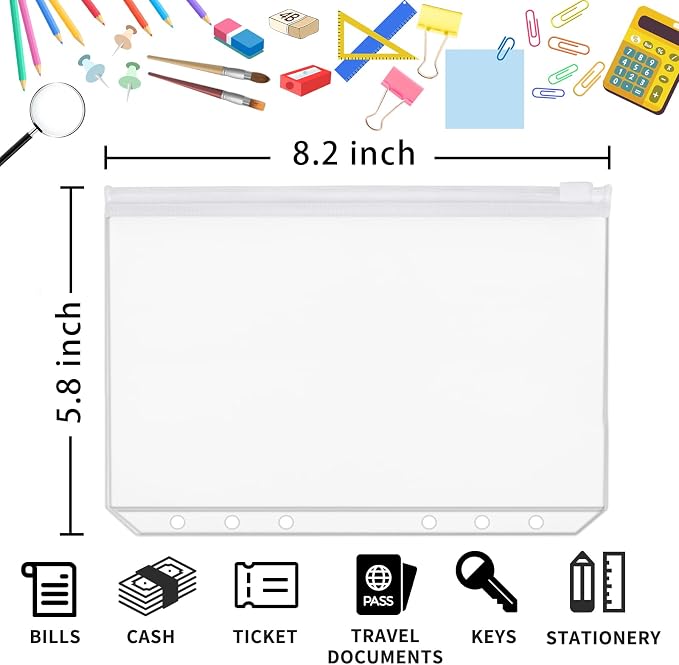 30pcs A5 Binder Pockets 6 Holes Zipper Folders Clear PVC Card Loose Leaf Bags Cash Envelopes for Budgeting Binder Waterproof Document Filing Bags for 6 Ring Notebook Planner Inserts