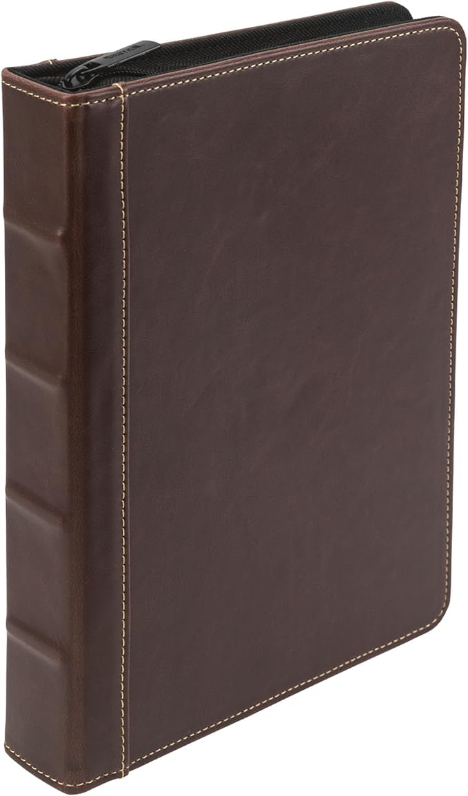 Samsill Vintage Leather Mini 3 Ring Zipper Binder, 1 Inch Round Ring Capacity (Holds 200 Sheets), 5.5 x 8.5 Inch Documents, Notebook Organizer, Planner, Brown with Contrast Stitching