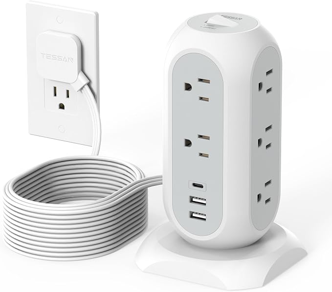 TESSAN Tower Power Strip Flat Plug with 1050J Surge Protection, 15 Ft, Grey | 11 Outlets 3 USB (1 USB C), Surge Protector Power Tower, Extension Cord with Multiple Outlets, Dorm, Office Desk Supplies