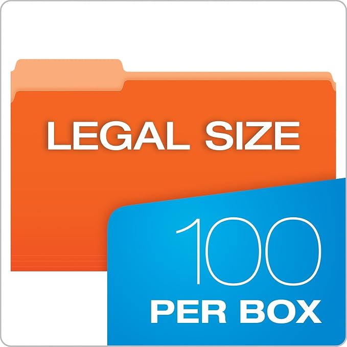 Pendaflex 435013ORA Interior File Folders, 1/3 Cut Top Tab, Legal, Orange (Box of 100)