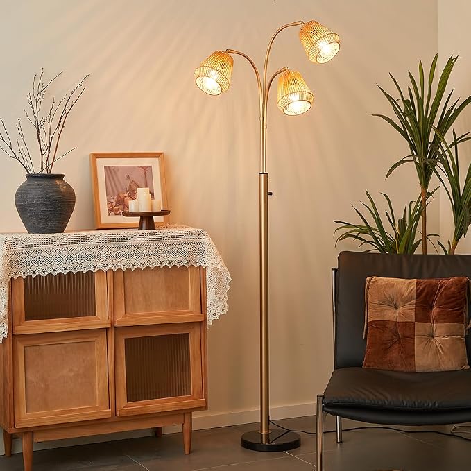 Gold Rattan Floor Lamp for Living Room, 72'' 3-Light Boho Lamp | Heavy Natural Marble Base, 1/2/3-Light Rotary Switch, Wicker Shades for Reading Corners Bedrooms