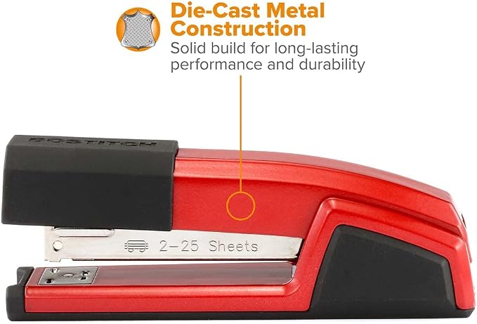 Bostitch Office Epic Metal 3 in 1 Stapler, 25 Sheet Capacity, Includes 210 Staples in Staple Storage Compartment & Integrated Remover, | Die-cast body opens 180 degrees for bulletin boards, with a temporary stapling option and a hidden slot for backup ...