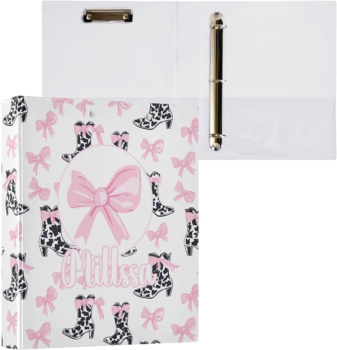 Pink Bows 3 Ring Binder with Clipboard Round Ring Binders Black Cow Name Custom Binder 3 Interior Clear Pockets for Office Supplies 1 Pack