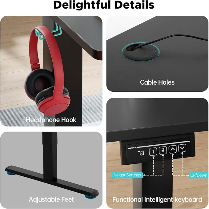 PayLessHere 40 Inch Electric Standing Desk Computer Desk with Large Space and Headphone Holder Office Desk with Electric Lifting and Memory Function (40 inch, Black)