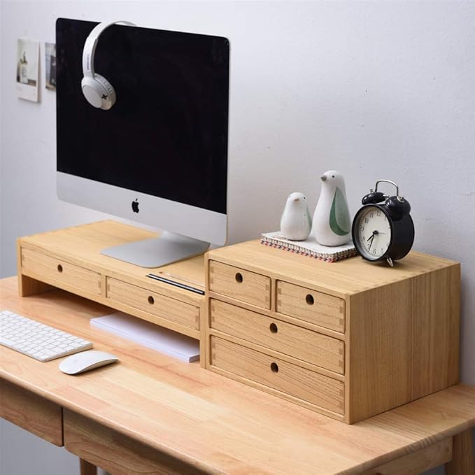 Kirigen Natural Wood Desktop Organizers with Drawers - Home Workspace Office Supplies Wooden Storage Box Shelf Case - Hold Makeup Box (NA, 3-Layer &4 Drawers)