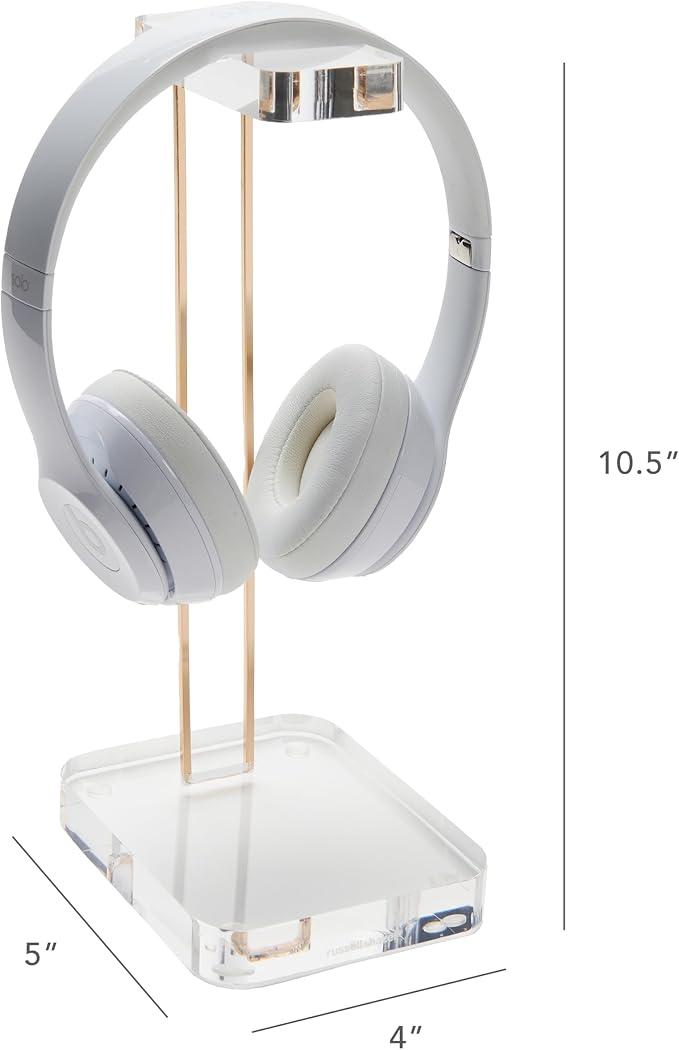 russell+hazel Acrylic Headphone Stand with Gold Hardware, Clear | Displays and stores headphones on a crystal-clear acrylic stand. Gold-toned hardware & polished edges dress up any workspace.