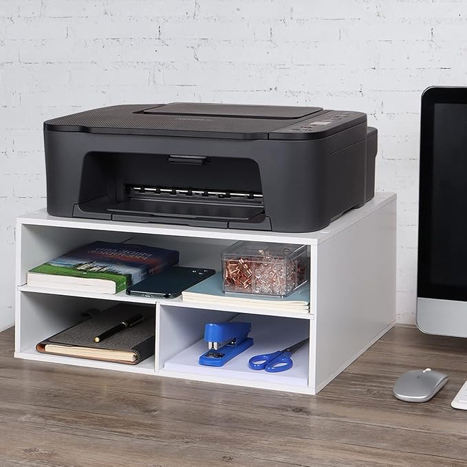 EMERIT Printer Stand for Desk - 2 Tier Desktop Printer Stand with Paper Storage, Printer Riser Organizer for Home Office, Holds up to 30 lbs, White