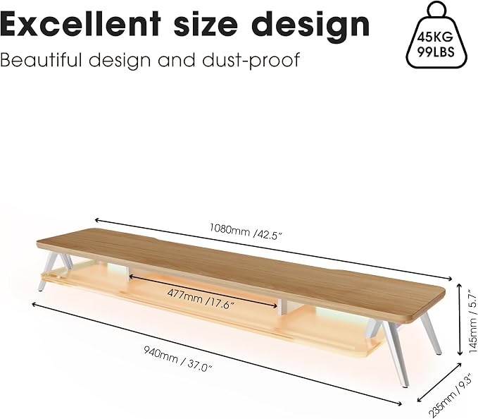 Fenge Dual Monitor Stand Riser with Phone & Tablet Slot, Dark Oak | Thickened Frosted Acrylic Shelf, Aluminum Legs, 2-Tier Storage, 42.5-Inch Desk Shelf for Gaming, Home Office & Streaming