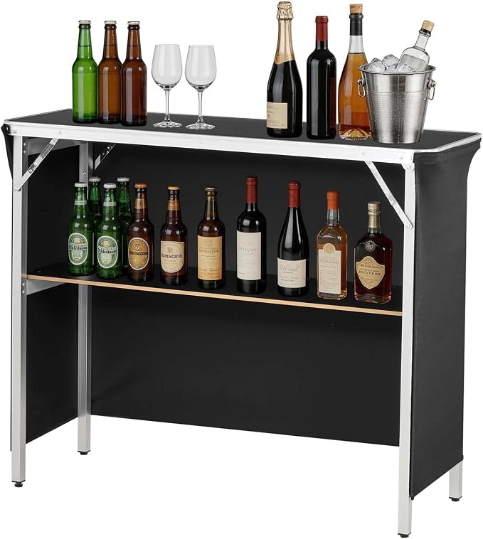 VEVOR Folding Portable Bar Table, 43.3 x 15.2 x 34.8 in, with Carry Bag, Storage Shelf, and Detachable Skirt, Quick and Easy Setup, Foldable Mobile Bartending Station for Events, Party, Tradeshow