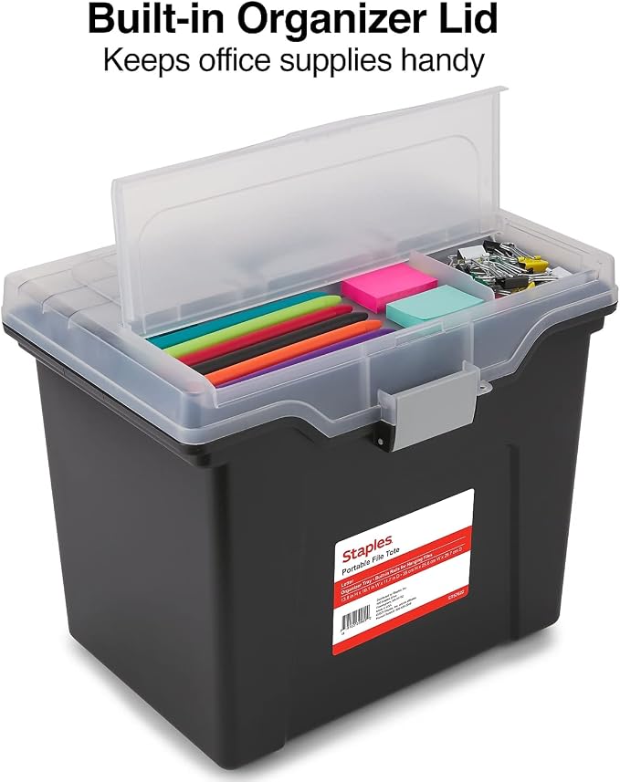 Staples File Folder Tote, Portable Filing Box for Letter Size Hanging Files | Black/clear tote with security latch and built-in lid organizer for easy file transport.