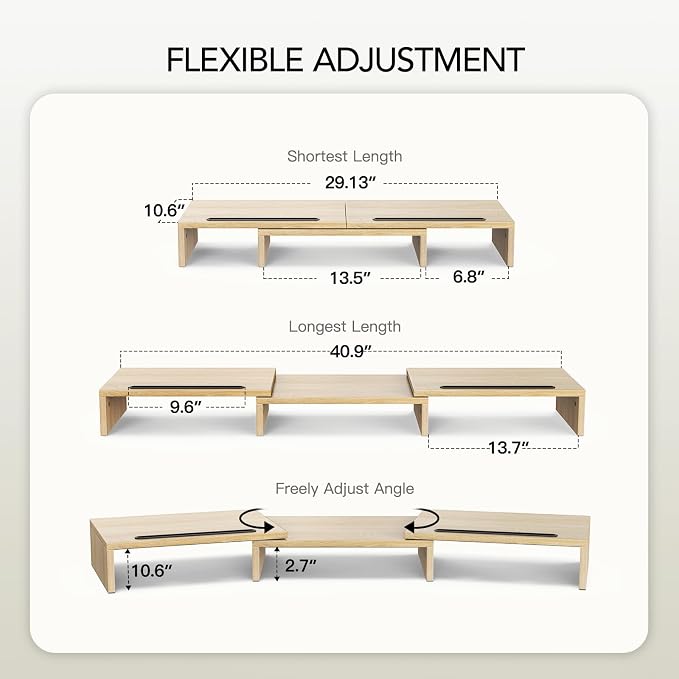 AMERIERGO Dual Monitor Stand Riser- 3 Shelf Screen Stand with Adjustable Length and Angle, 2 Extra Functional Slot Desktop Organizer Stand for PC, Computer, Laptop (Light Wood)