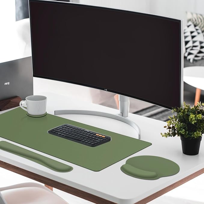 Keyboard Mouse Pad Set, 4 in 1 Desk Mat Set, Olive Green | Large Mousepad+Keyboard Wrist Rest+Mouse Wrist Rest+Coaster Ergonomic Design for Home Office Computer