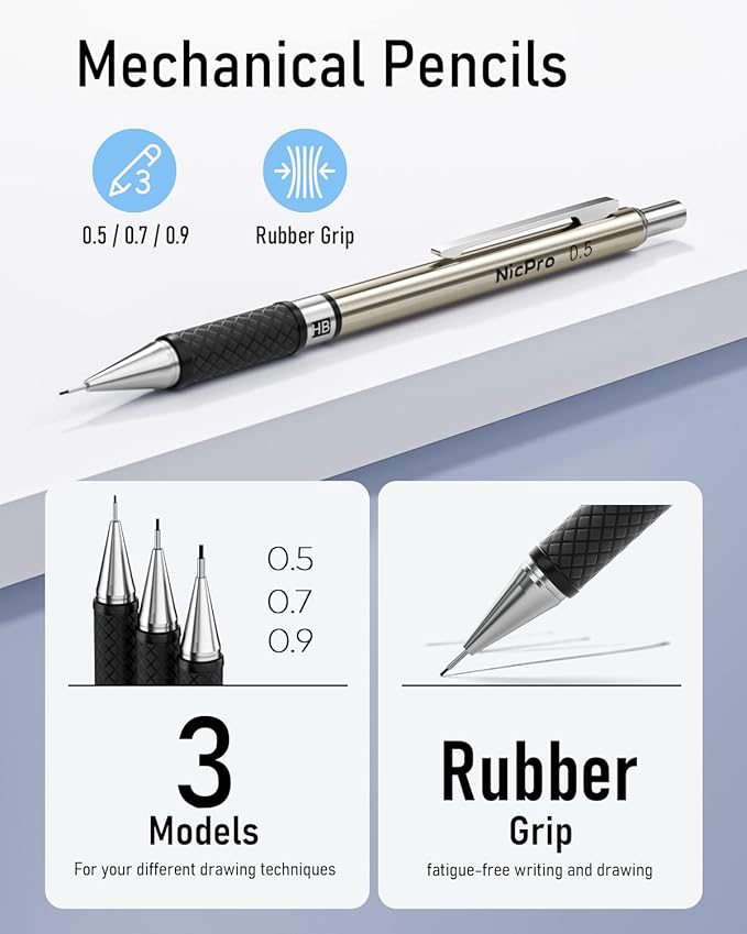 Nicpro 6PCS Art Mechanical Pencil Set, 3PCS Metal Drafting Pencil 0.5 mm & 0.7 mm & 0.9 mm & 3PCS 2mm Graphite Lead Holder (2B HB 2H) For Writing, Sketching Drawing With Lead Refills Case