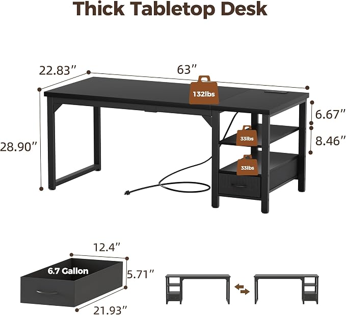 63" Computer Desk with Drawer, 1.2" Thick Reversible Office Desk | Modern Writing Table with Power Outlets & Storage Shelves, Heavy Duty Industrial Executive Desk for Home Bedroom Study Work