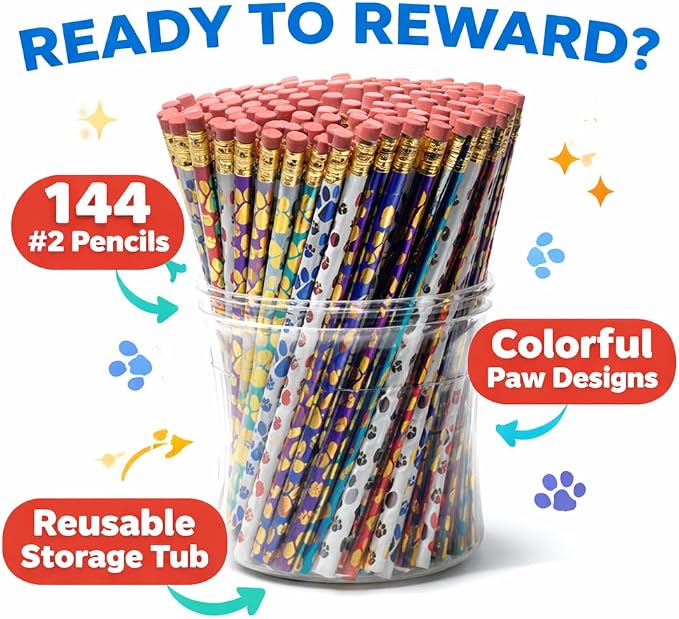 Anderson's Paw Print Pencil Tub, Bulk #2 Pencils for Animal Shelters, School Stores & Pet Events, Fun Assorted Colors for Teachers, Vets & Community Giveaways, 144 Pack