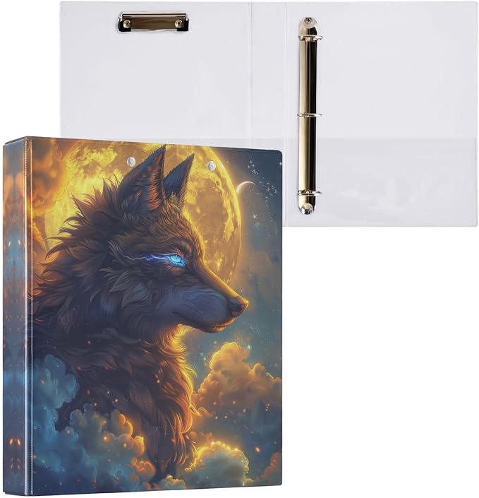 Cool Wolf Moon 1.5 Inch 3 Round Ring Binders with Pocket Clip, Holds 200 Sheets Documents for Office Classroom Student Organization Hard d Ring Binders with Printed