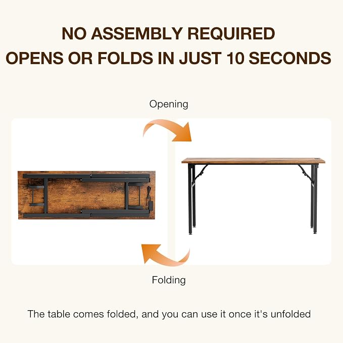 1TEMI Long Computer Desk Folding Table - No Assembly, Compact 55.1" Foldable Desk with Power Outlets & USB Charging Port, Portable Lagre Office Desk, Ideal Large Study Table for Narrow Spaces, Brown