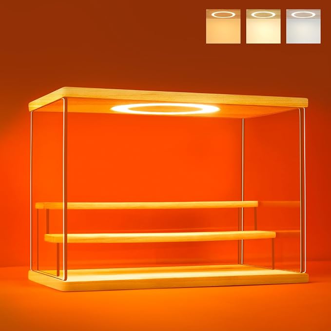 Acrylic Display Case with Adjustable LED Light, 3 Tier Clear Display Box Dustproof Showcase for Action Figures, Collectibles and Mini Toys, Assembly Display Cabinet(Wood 12.5×6.7×9in)
