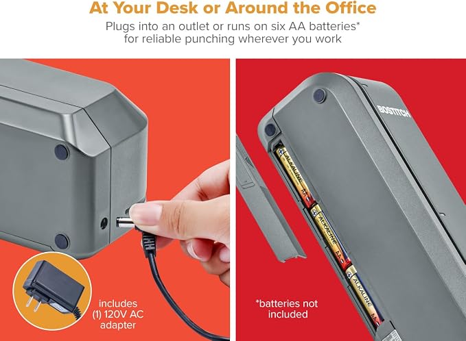 Bostitch Office Electric 3-Hole Punch, Dual Paper Loading, Heavy Duty, Jam-Free 20 Sheet Capacity, AC Adapter or Battery Powered, Space Saving, Grey, (EHP20-GRY)