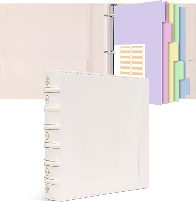 Ospelelf Leather 3 Ring Binder 2 Inch, Vintage D Ring Binder with Pockets and 5 Tab Dividers, Hardback Book Style Document Organizer Fits Letter Size for Home and Office White