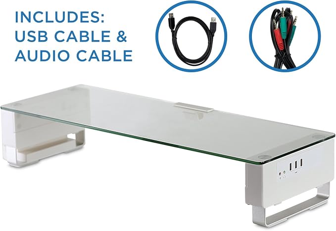 Mount-It! Glass Monitor Stand with 3 USB Ports, 66 lbs | Desktop riser fits 24, 27, 30 & 32 inch screens, adds convenient USB pass-through ports at desk level.