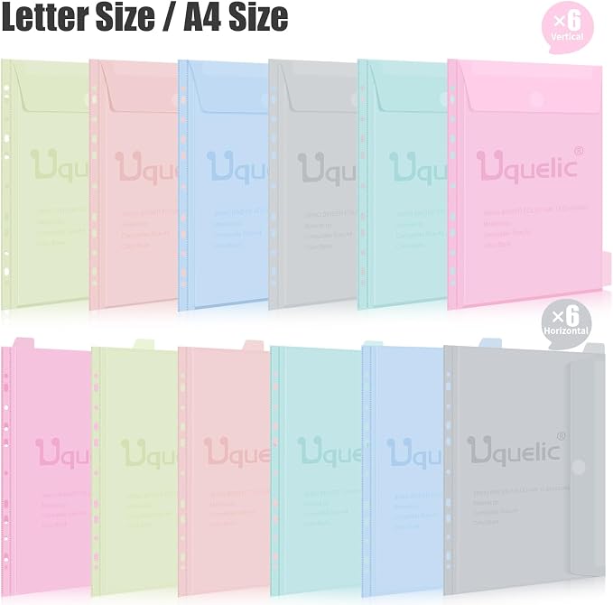 Uquelic A4 Binder, Folio Document Organizer, 3 Ring Folder Letter Size | Cute 12-Pocket Life Binder for Paper, Files, Photos, Letters, Cards (Clear-Macaron)
