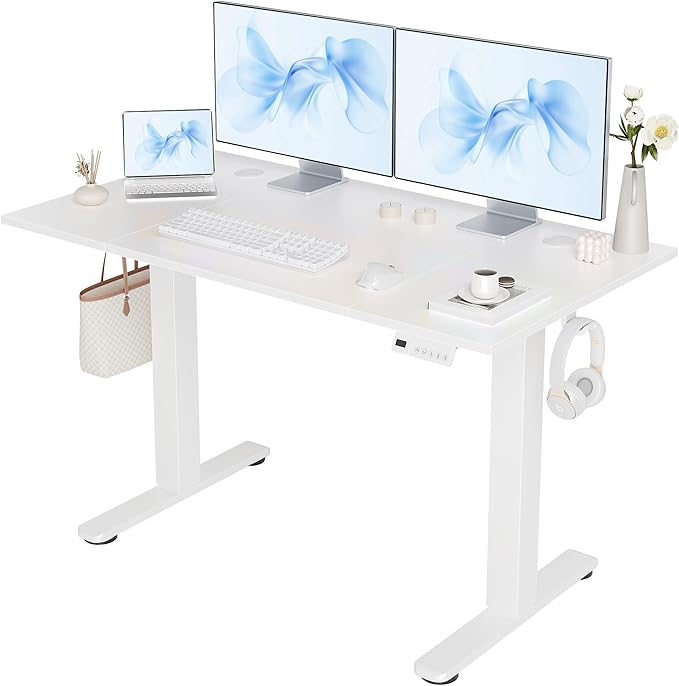 Claiks Electric Height Adjustable Standing Desk, 48x24 Inch, Cold White | Smooth Height Adjustment, 3 Memory Presets, Cable management hub & hook, Stable Steel Frame, 156 lbs Capacity, Easy Assembly