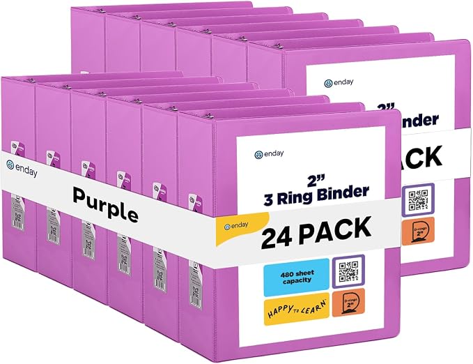 Enday 2 inch 3 Ring Binder (24 Pack - Purple) Binder 2 inch with Clear View Cover and 2 Inside Pocket - for Letter Size 8.5 x 11'' Paper, Ideal for School Supplies, Office, and Home