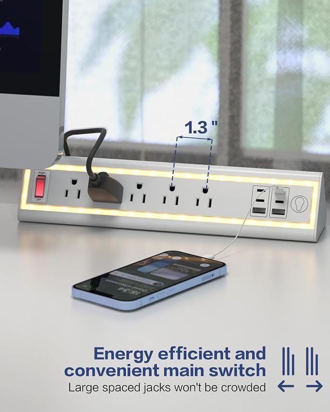 Desk Clamp Power Strip with Nightlight, 40W Fast Charging, 10FT Extension Cord, 4x20W USB-C & 2 USB Ports, 5 AC Outlets, Fits 1.69-Inch Table Edges