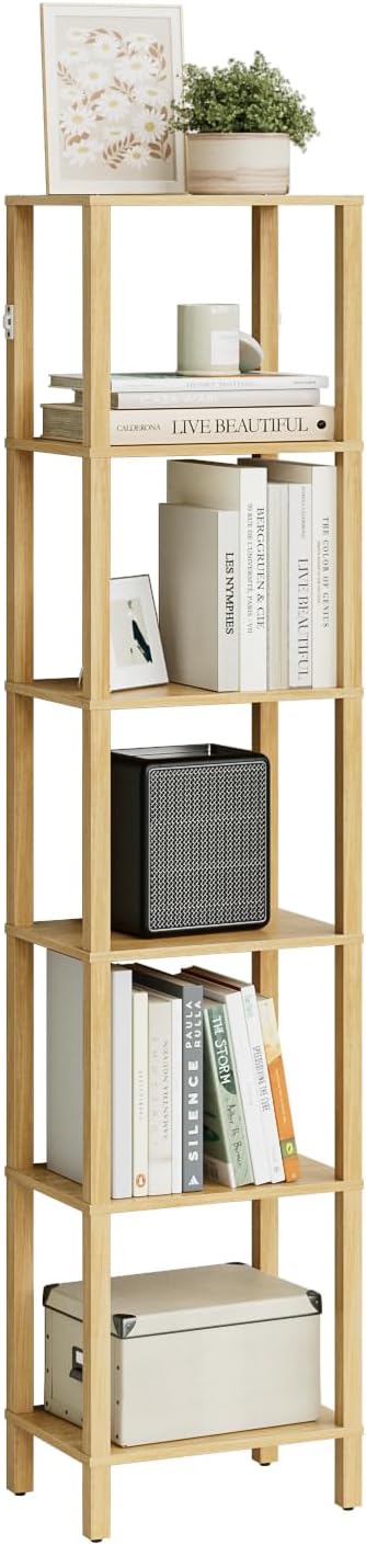 Open Book Shelf, 6 Tier Tall Bookshelf, Freestanding Shelf Narrow Bookcase with Open Shelves, 14.57" x 10.63" x 65.83", Book Shelves for Living Room, Office, Study, Oak