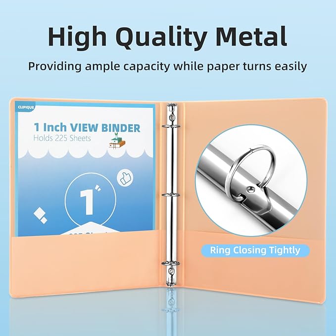 1 Inch Binders 3 Ring,6 Pack Three Ring Binder with 2 Pockets,PVC-Free,Customizable Clear View Cover for 8.5 x 11'' Letter Size Papers, Round Ring， Ideal for School, Office Supplies