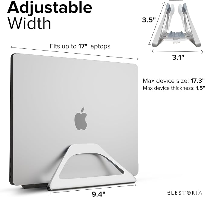 Aluminum Vertical Laptop Stand with Gravity Auto-Lock – Adjustable Laptop Holder Vertical fits MacBook Pro/Air, Chromebook & Gaming Laptops up to 17.3" – Space-Saving Desktop Dock - Silver