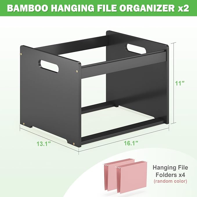 Bamboo Hanging File Box Organizer, Wood File Folder Storge, Black, 2 Pack
