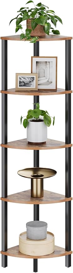 VIMBER Corner Shelf, 5-Tier Corner Bookshelf, Industrial Corner Ladder Shelf, Rustic Display Shelf for Living Room, Bedroom, Kitchen, Home Office, Rustic Brown and Black UJSJ001H