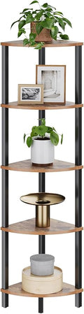 VIMBER Corner Shelf, 5-Tier Corner Bookshelf, Industrial Corner Ladder Shelf, Rustic Display Shelf for Living Room, Bedroom, Kitchen, Home Office, Rustic Brown and Black UJSJ001H